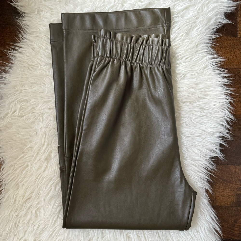 Anthro olive faux leather pant wide leg lounge pant trouser style elastic waist